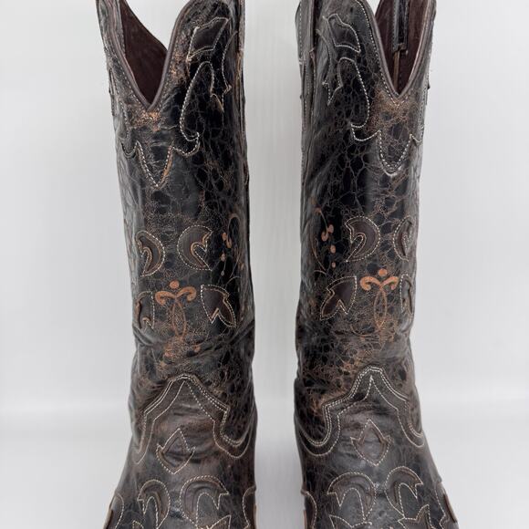 Pecos Bill Women Boot Size 8 Dark Mocha Inlay Distressed Leather Cowgirl Western - Picture 4 of 14